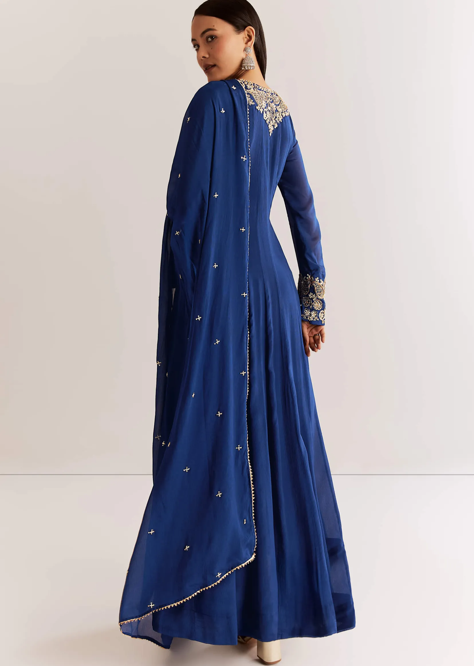 Navy Blue Chinon Anarkali Set With Cutdana Moti And Gotta Lace Dupatta