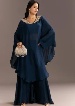 Navy Blue Chinon Cape Style Kurta With Zardosi Neckline