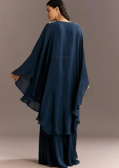 Navy Blue Chinon Cape Style Kurta With Zardosi Neckline