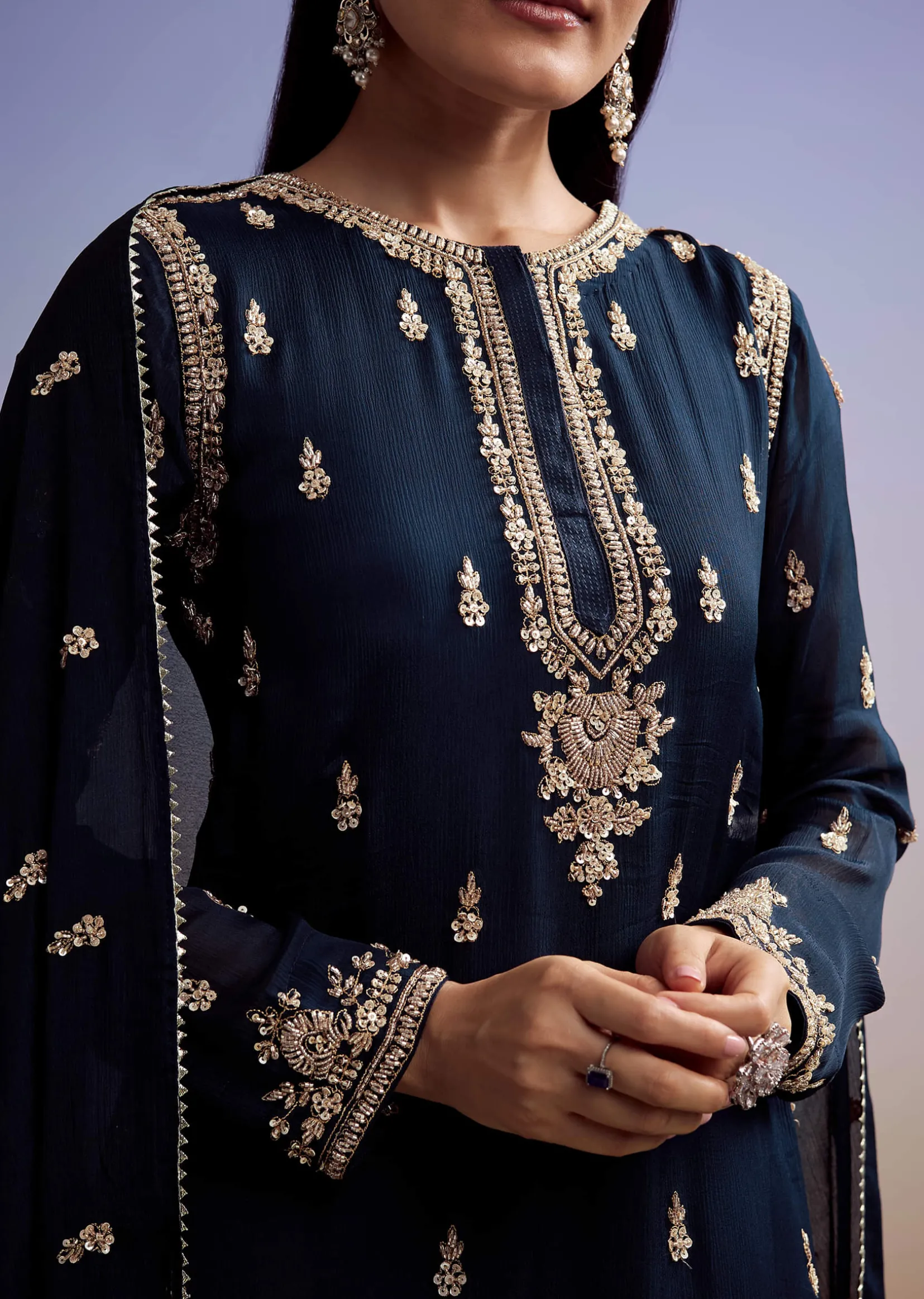 Navy Blue Chinon Sharara Suit With Cut Dana And Sequins Work