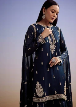 Navy Blue Chinon Sharara Suit With Cut Dana And Sequins Work