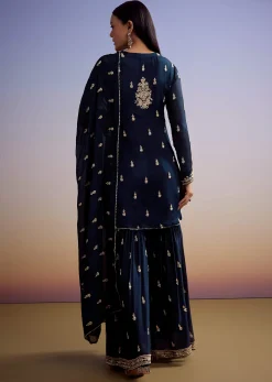 Navy Blue Chinon Sharara Suit With Cut Dana And Sequins Work