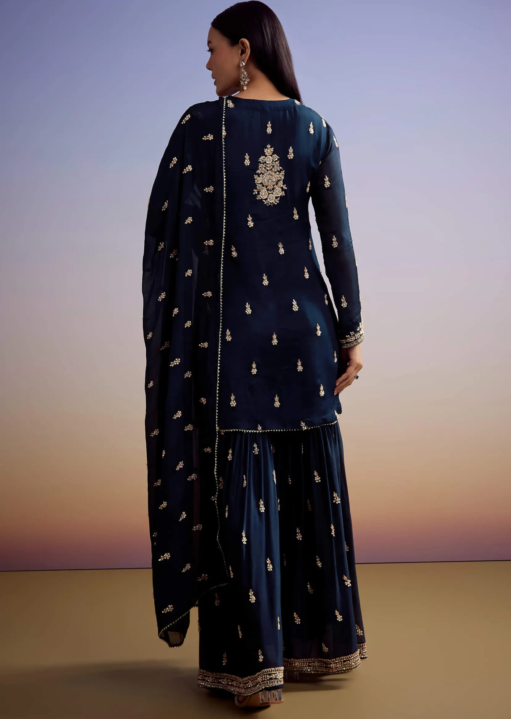Navy Blue Chinon Sharara Suit With Cut Dana And Sequins Work