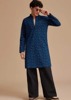 Navy Blue Cotton Botanical Printed Kurta Set