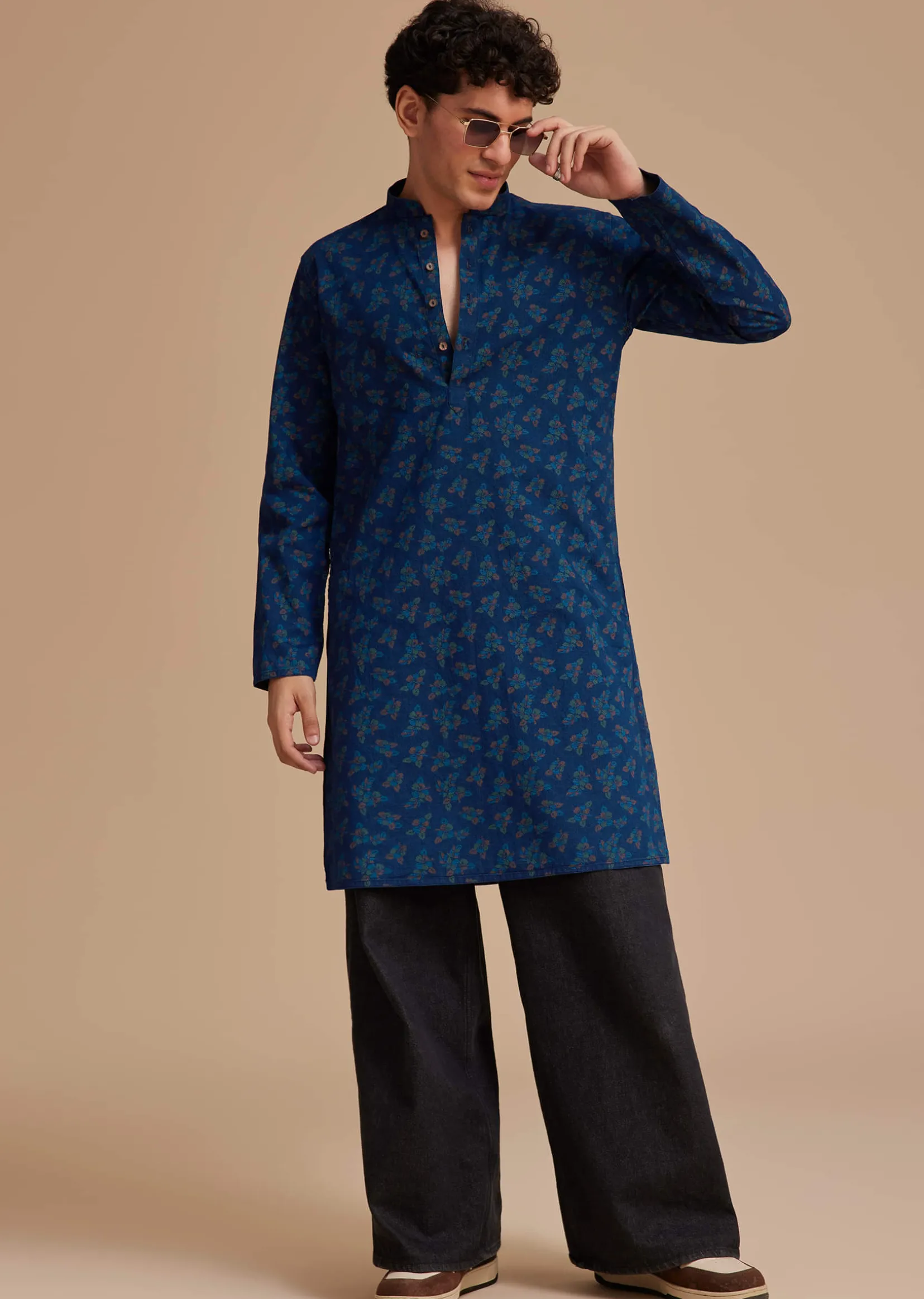 Navy Blue Cotton Botanical Printed Kurta Set