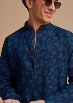 Navy Blue Cotton Botanical Printed Kurta Set