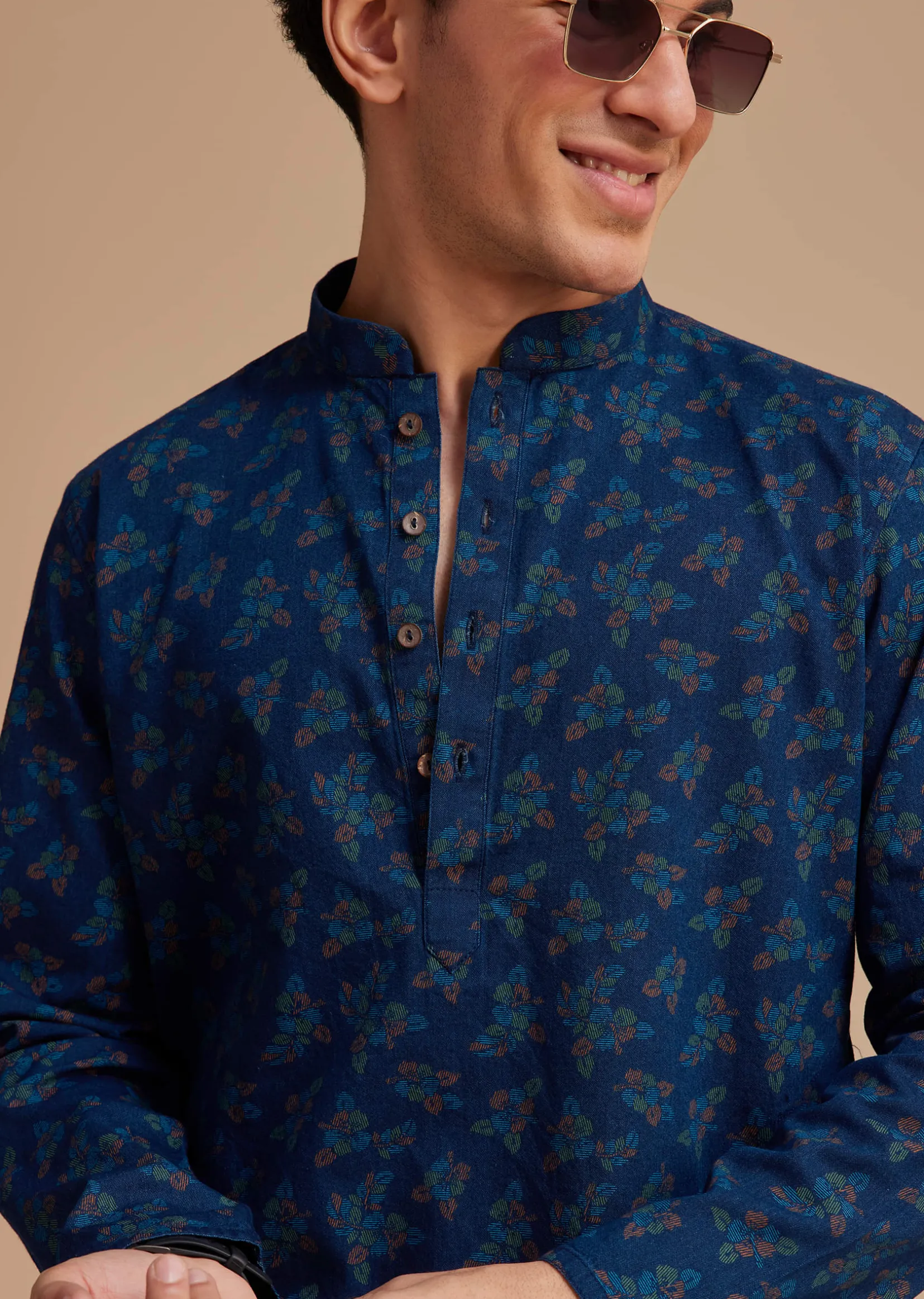 Navy Blue Cotton Botanical Printed Kurta Set