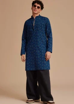 Navy Blue Cotton Botanical Printed Kurta Set