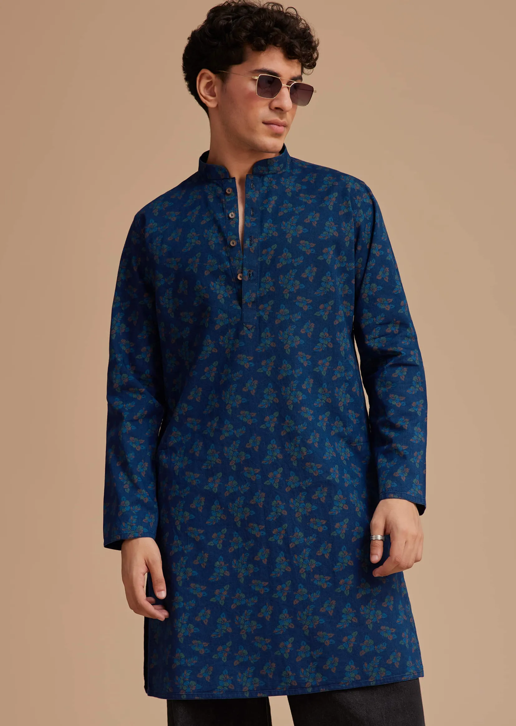 Navy Blue Cotton Botanical Printed Kurta Set