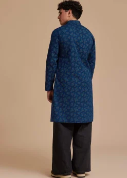 Navy Blue Cotton Botanical Printed Kurta Set