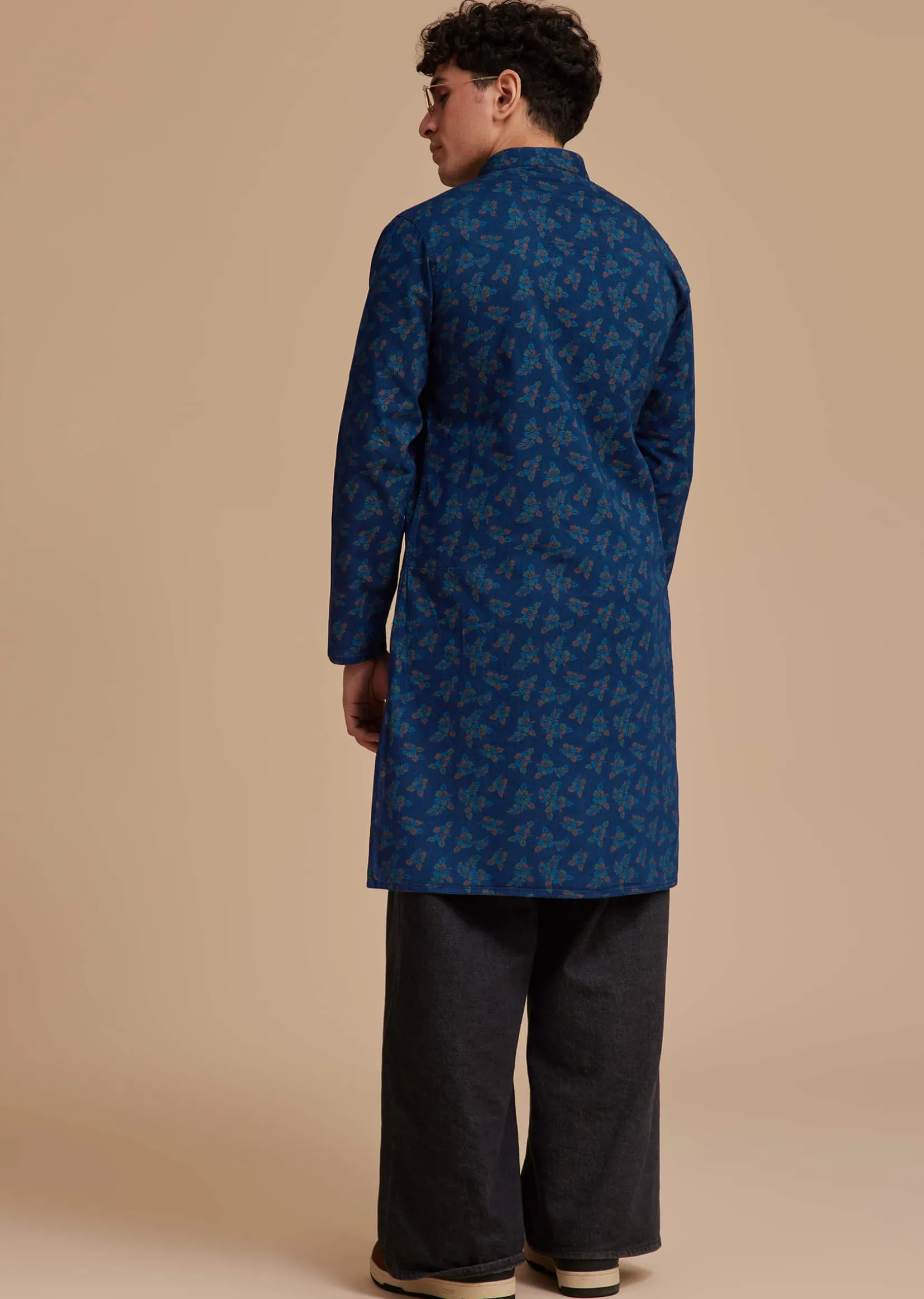 Navy Blue Cotton Botanical Printed Kurta Set