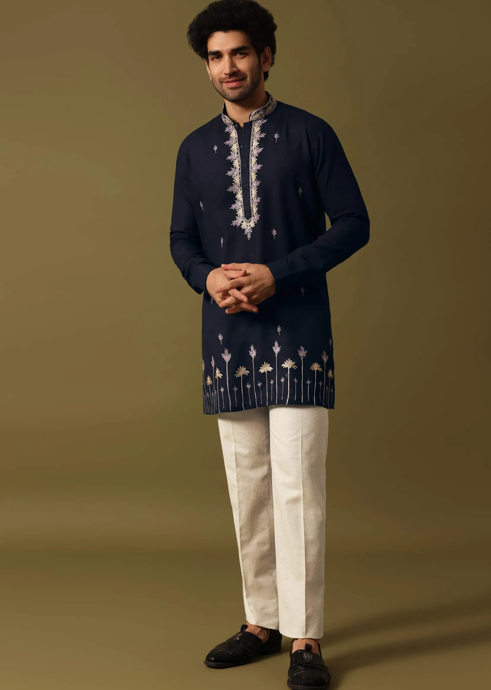Navy Blue Cotton Kurta Set With Resham Work For Men