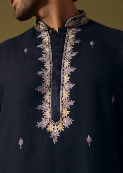 Navy Blue Cotton Kurta Set With Resham Work For Men