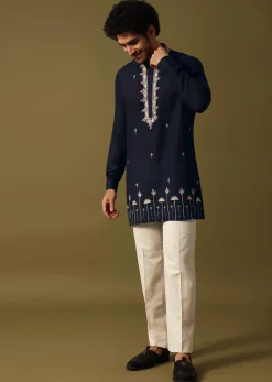 Navy Blue Cotton Kurta Set With Resham Work For Men