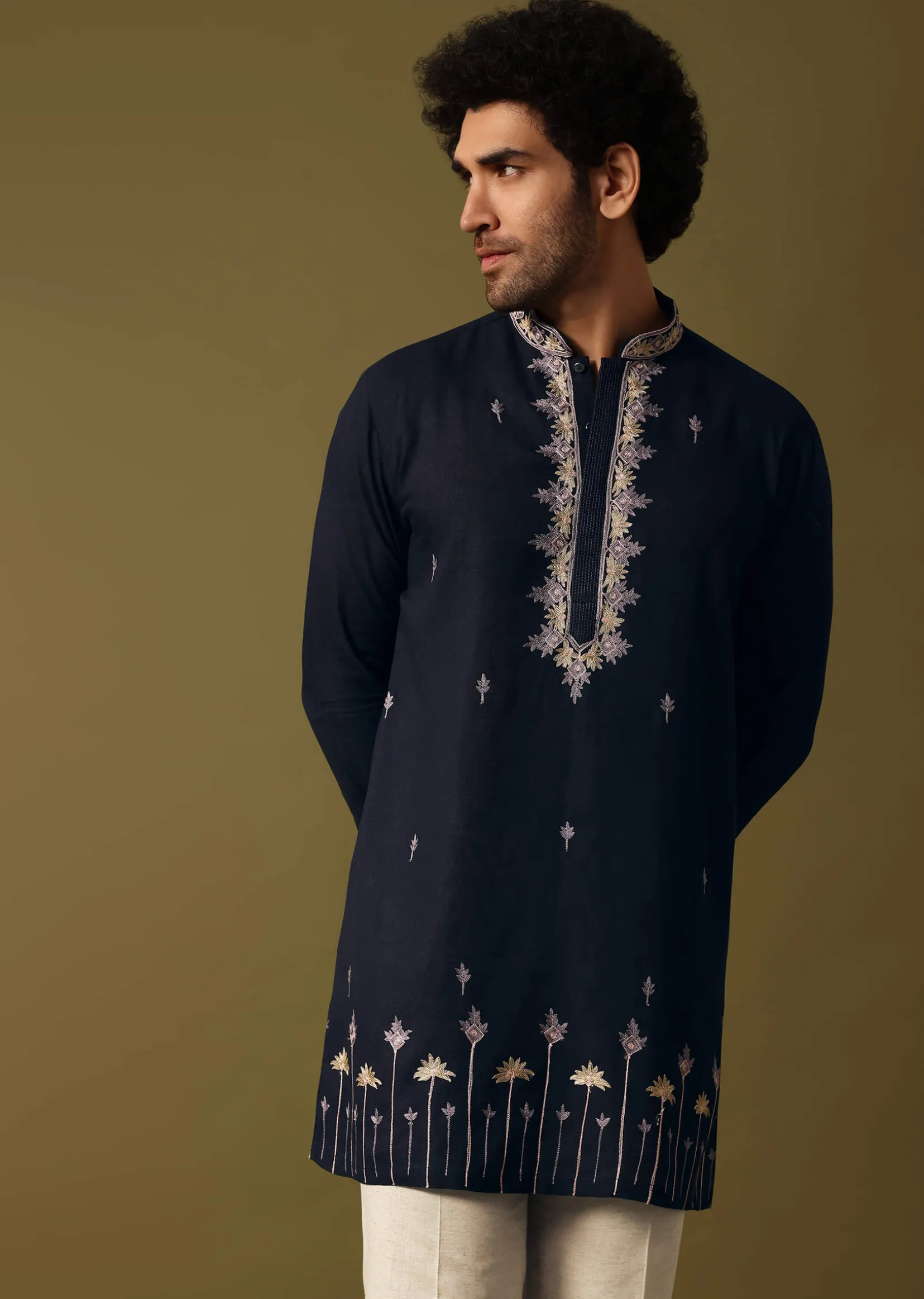 Navy Blue Cotton Kurta Set With Resham Work For Men