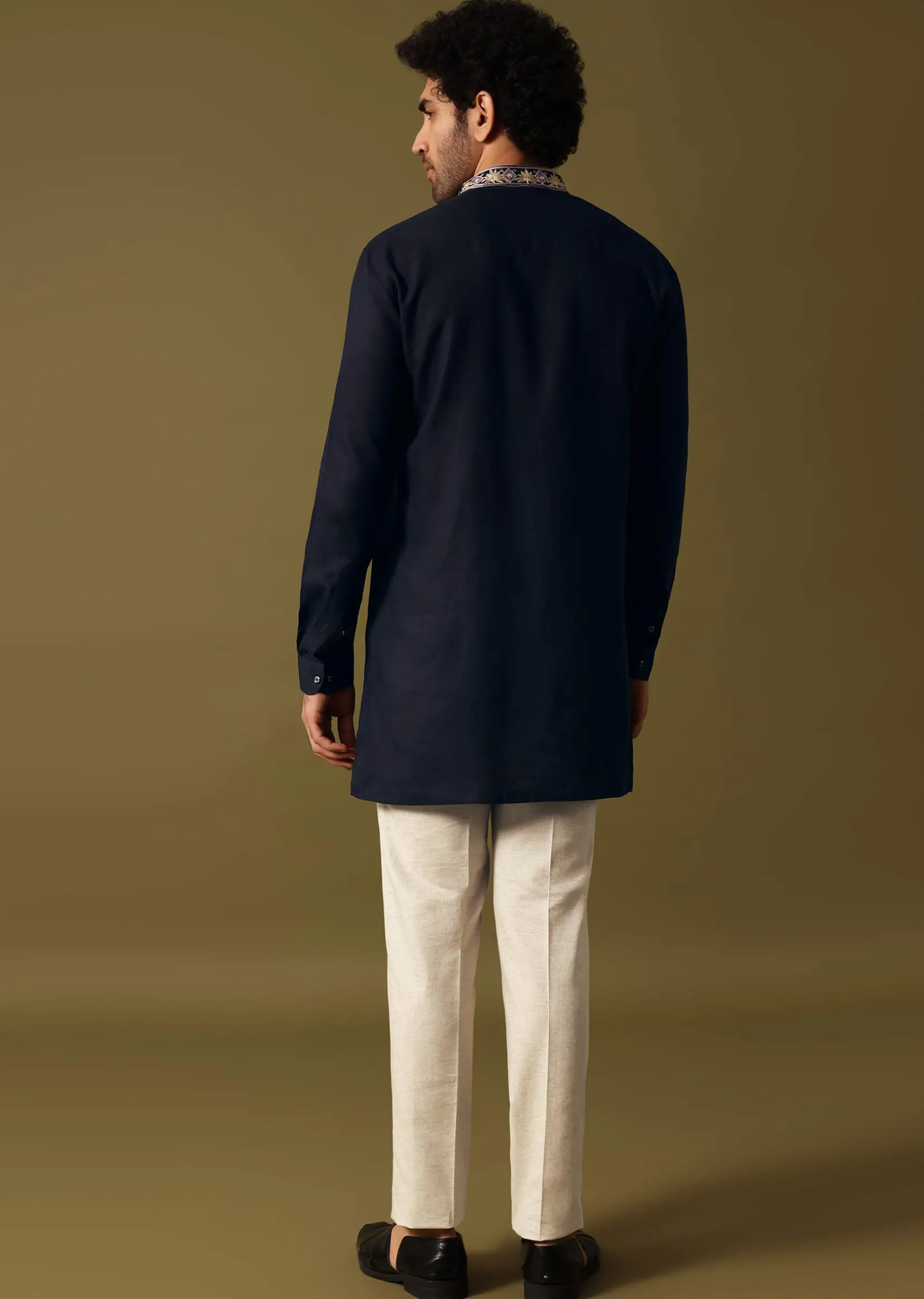 Navy Blue Cotton Kurta Set With Resham Work For Men