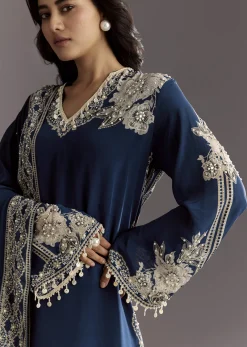 Navy Blue Crepe Moti Work Kurta With Printed Palazzo Dupatta