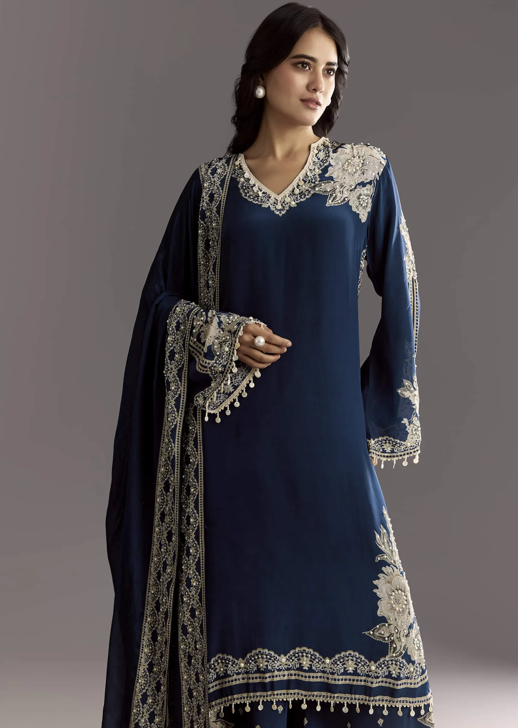 Navy Blue Crepe Moti Work Kurta With Printed Palazzo Dupatta