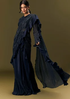 Navy Blue Crepe Ready Pleated Saree With Full Sleeve High Neck Blouse