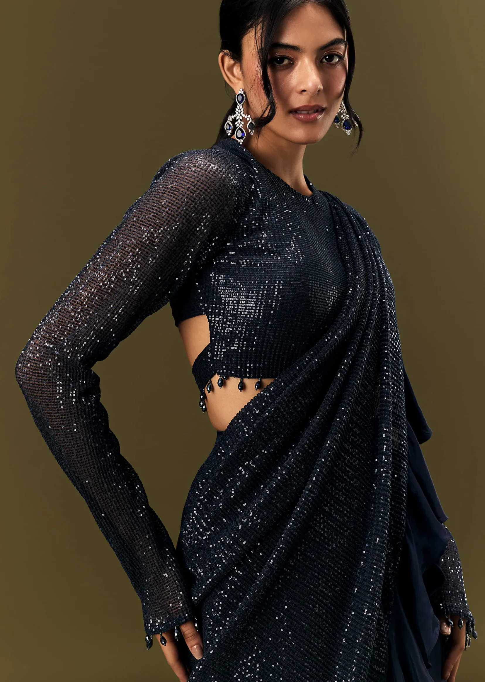 Navy Blue Crepe Ready Pleated Saree With Full Sleeve High Neck Blouse
