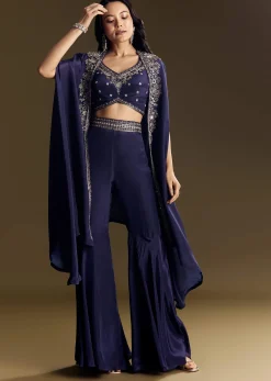Navy Blue Crop Top Set With Silver Zardozi Cape