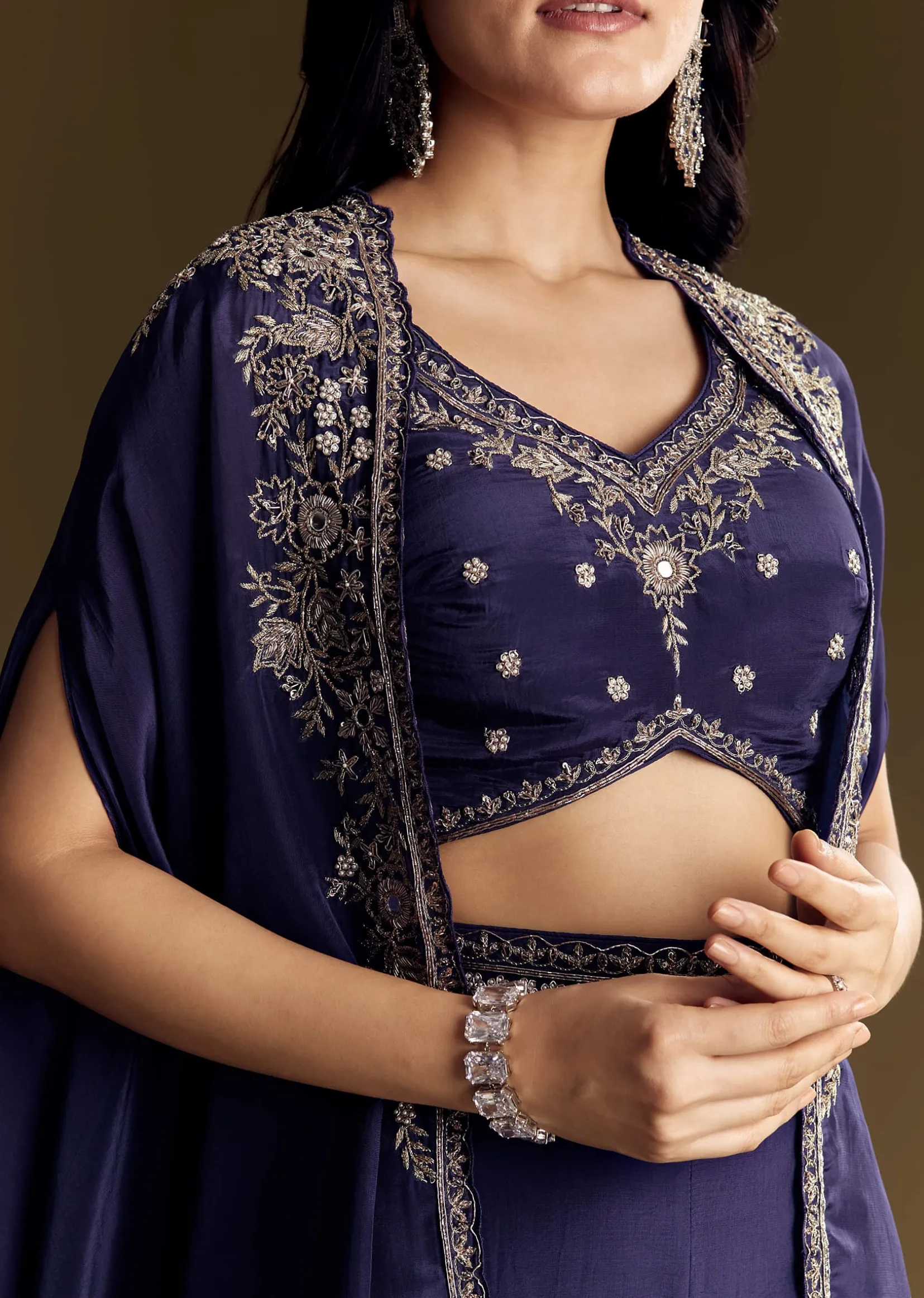 Navy Blue Crop Top Set With Silver Zardozi Cape