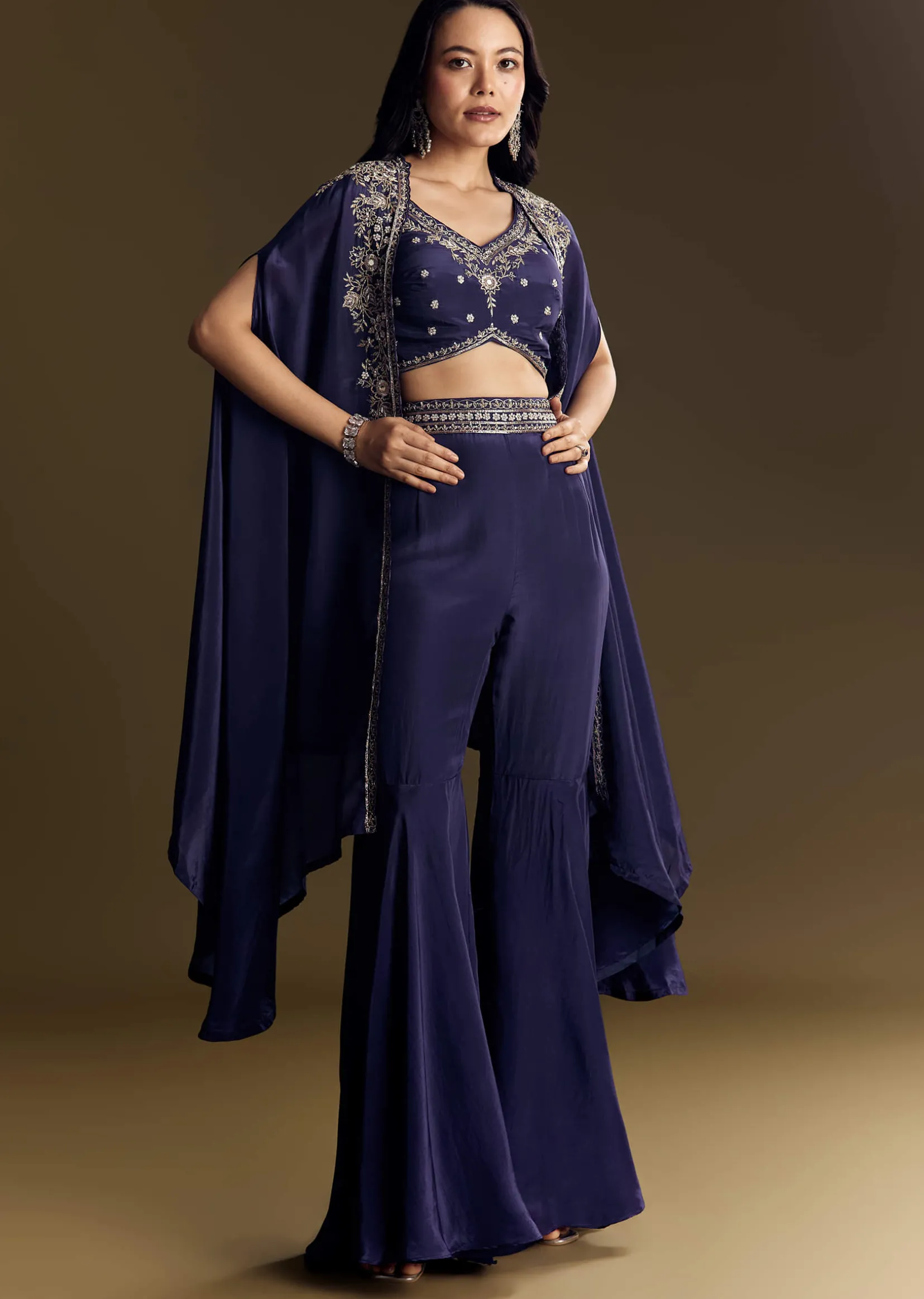 Navy Blue Crop Top Set With Silver Zardozi Cape