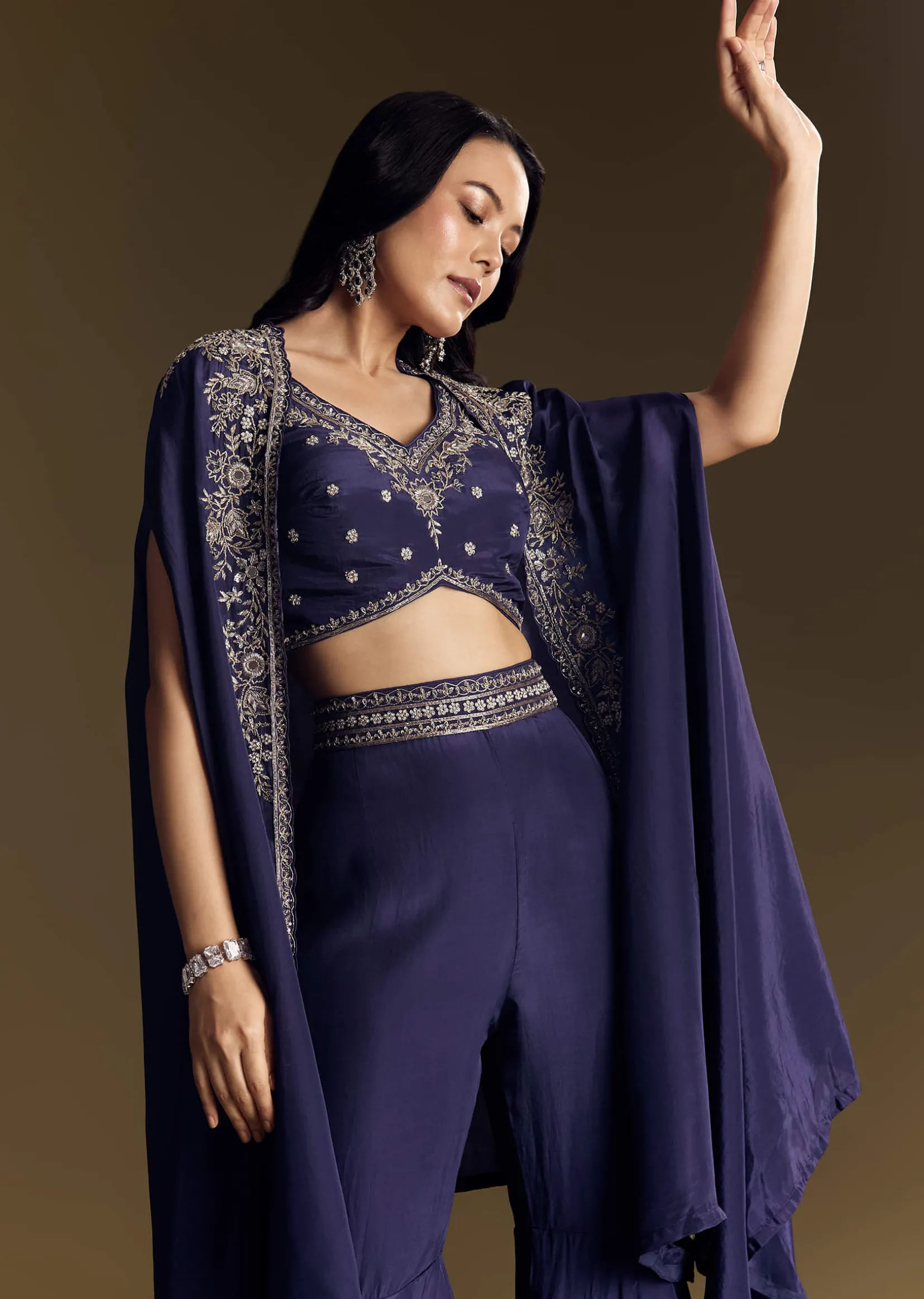 Navy Blue Crop Top Set With Silver Zardozi Cape