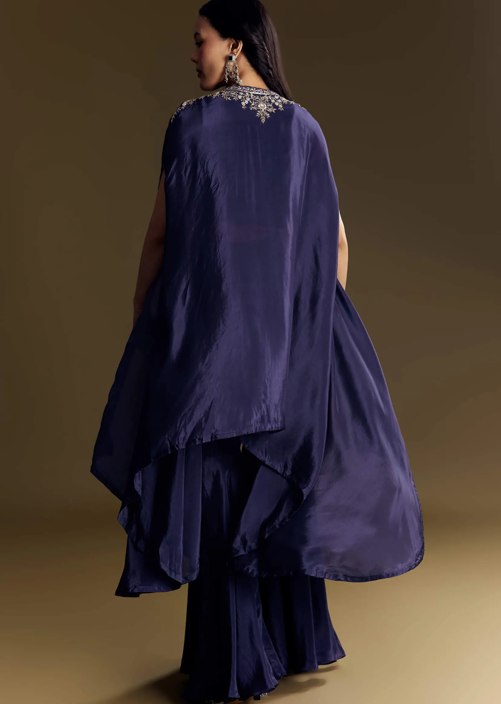 Navy Blue Crop Top Set With Silver Zardozi Cape
