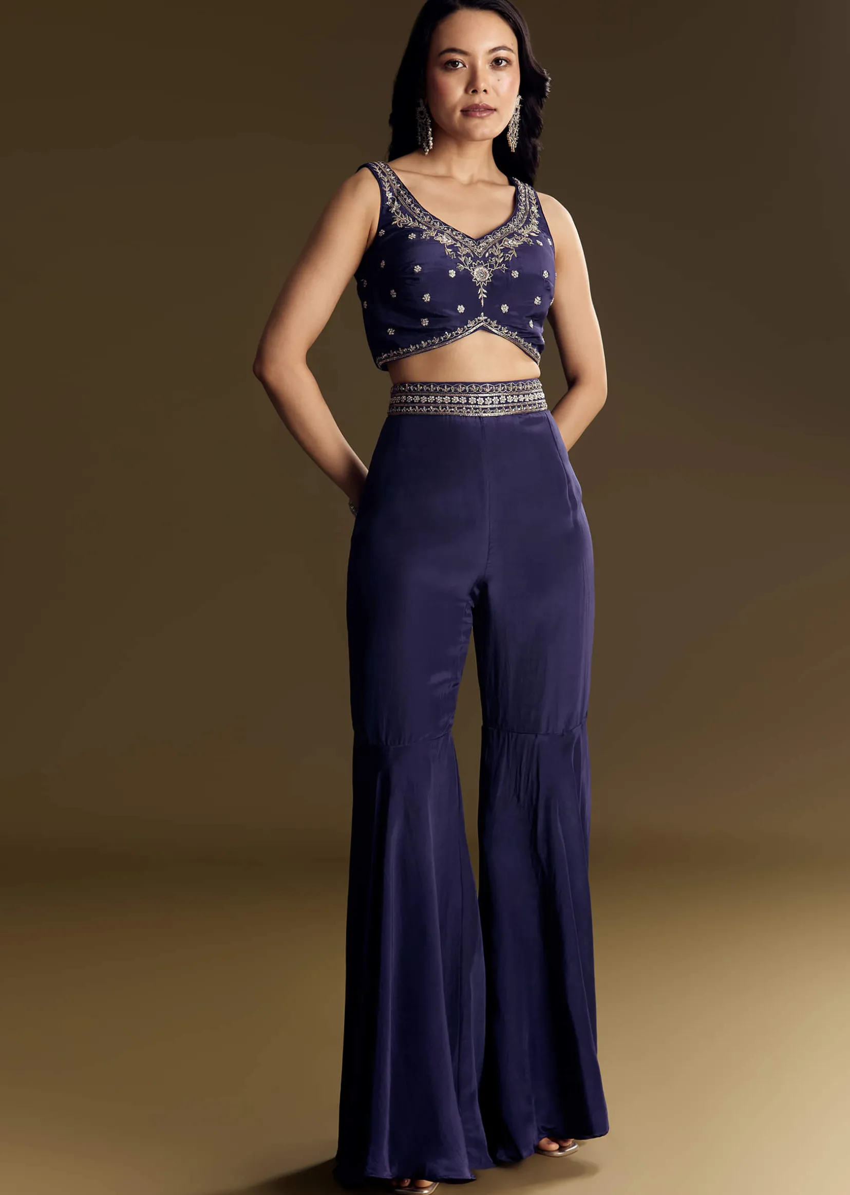 Navy Blue Crop Top Set With Silver Zardozi Cape