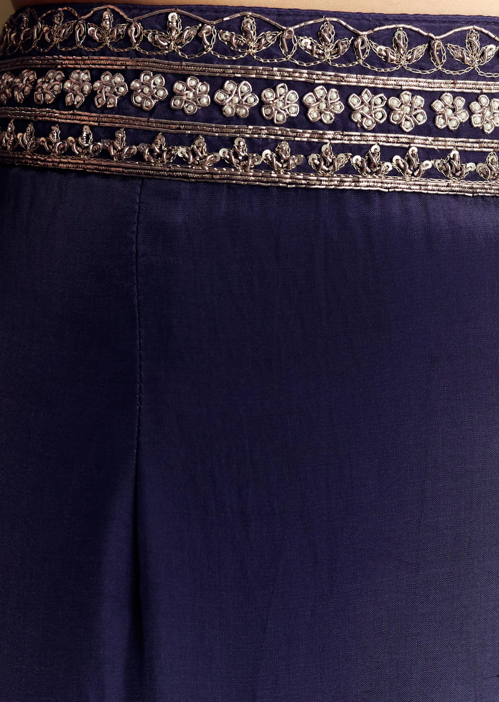 Navy Blue Crop Top Set With Silver Zardozi Cape