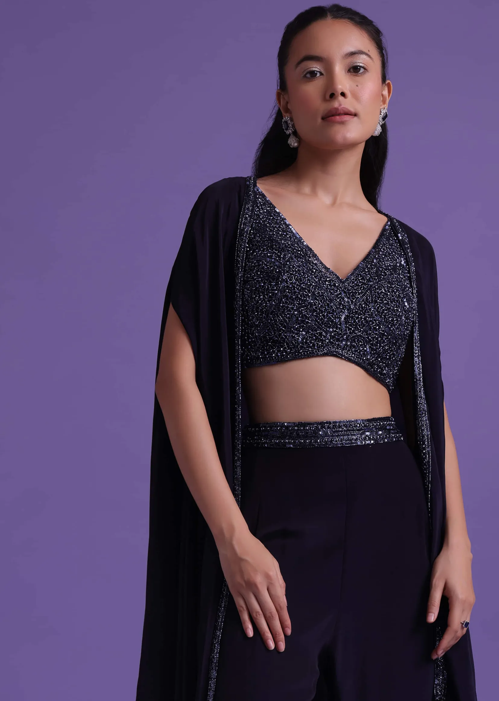 Navy Blue Cut Dana Embroidered Sharara And Blouse Set With Shrug in Satin