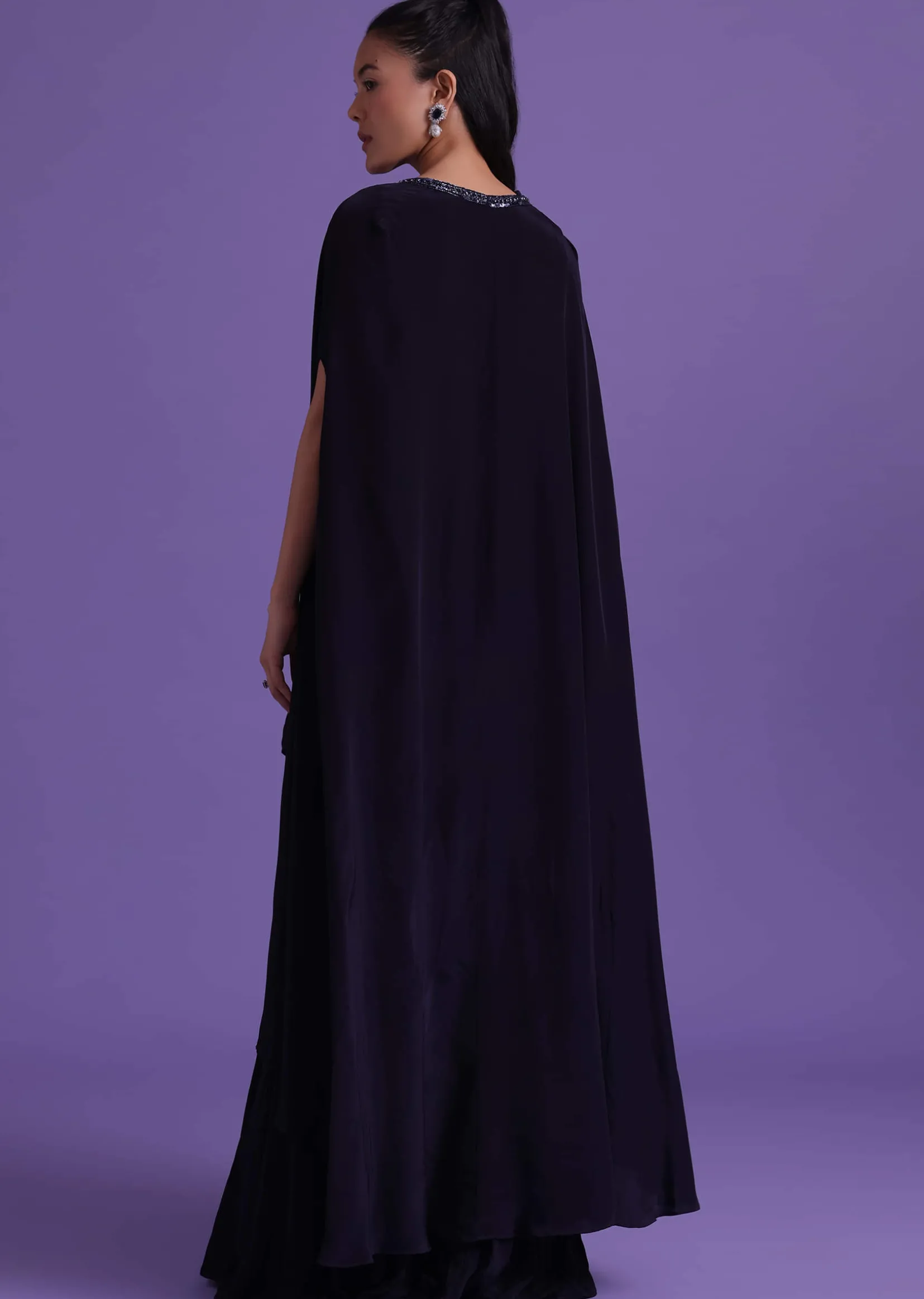 Navy Blue Cut Dana Embroidered Sharara And Blouse Set With Shrug in Satin