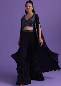 Navy Blue Cut Dana Embroidered Sharara And Blouse Set With Shrug in Satin