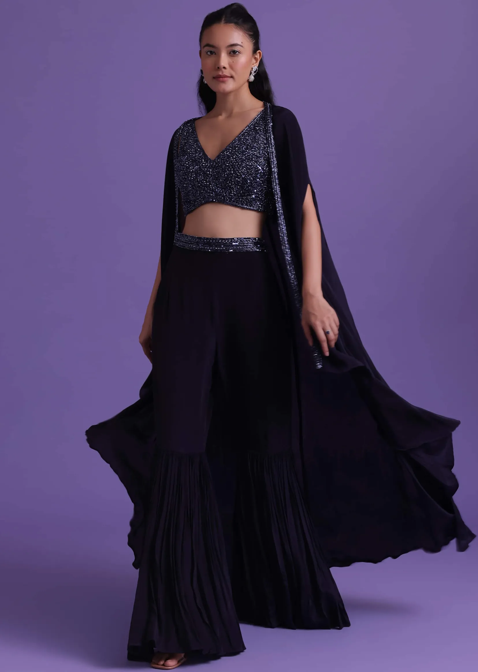 Navy Blue Cut Dana Embroidered Sharara And Blouse Set With Shrug in Satin