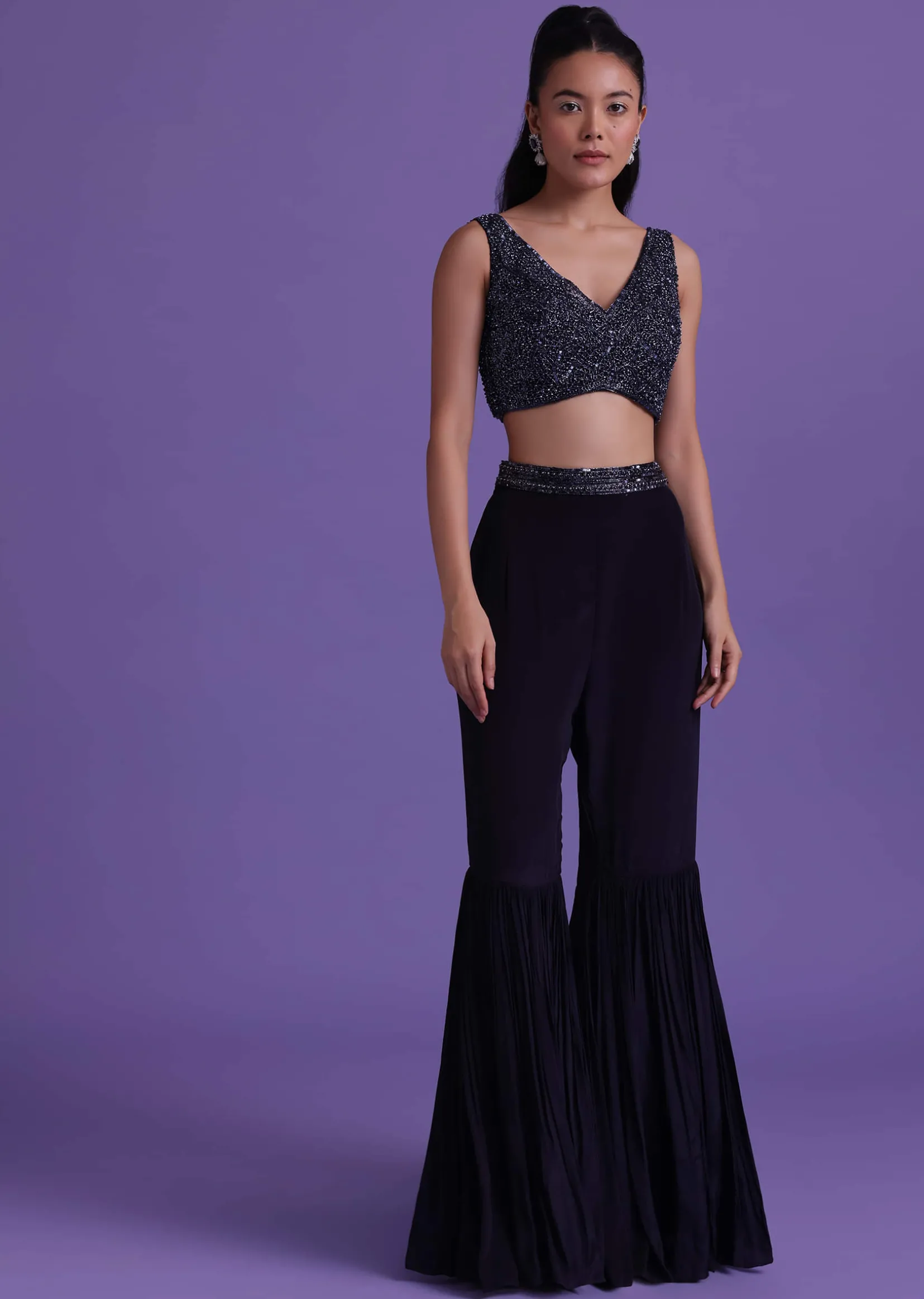 Navy Blue Cut Dana Embroidered Sharara And Blouse Set With Shrug in Satin