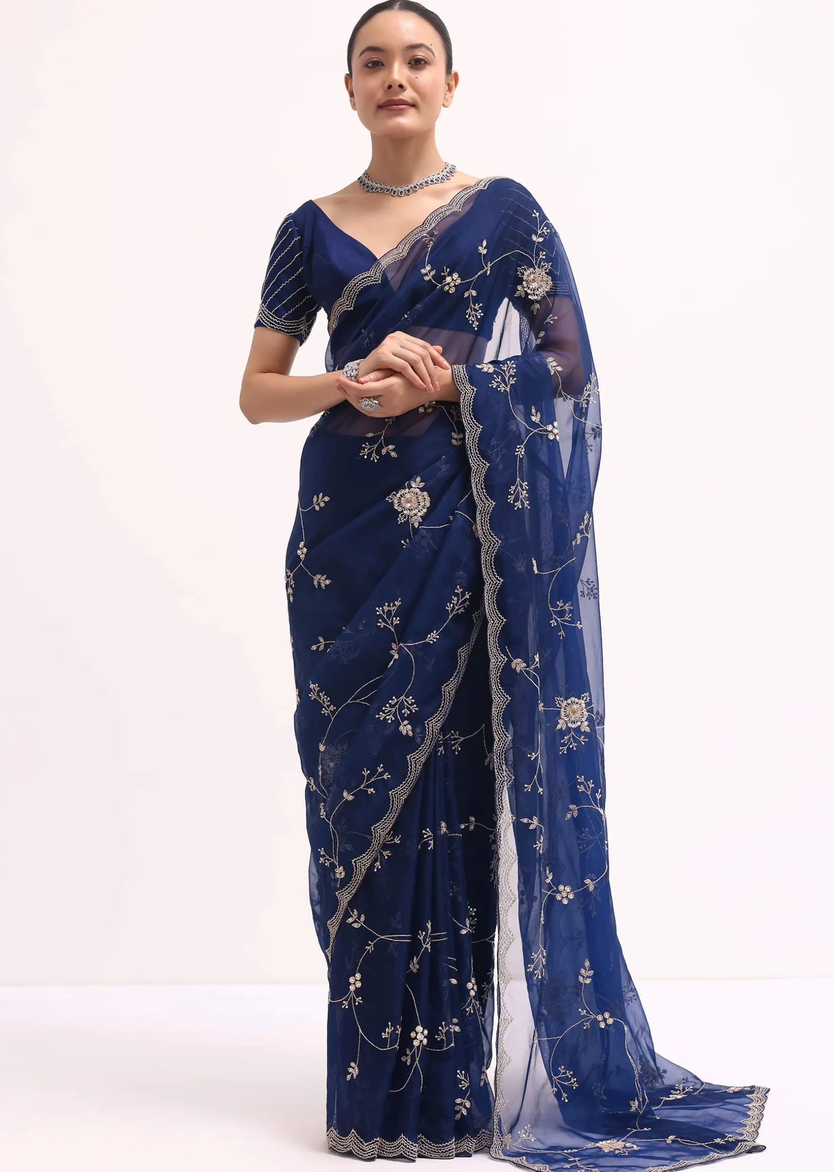 Navy Blue Cutdana Embroidered Saree With Unstitched Blouse