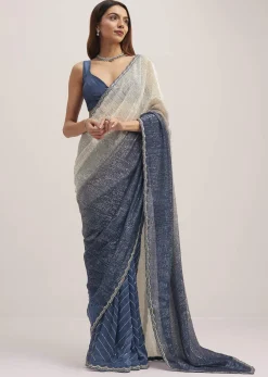 Navy Blue Dual Shaded Sequins Saree With Scalloped Border