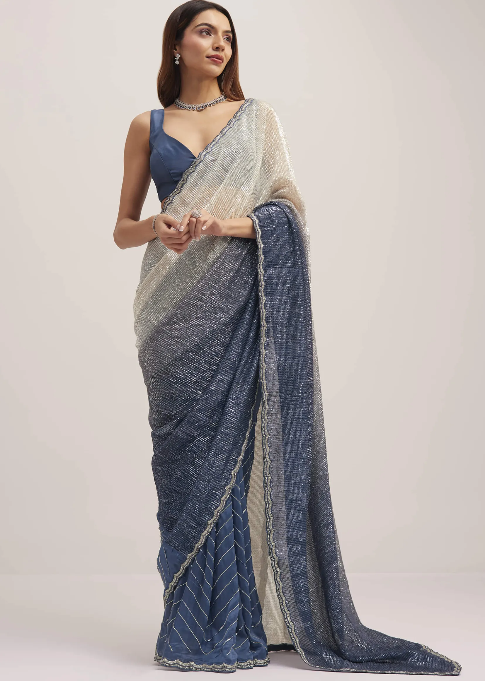 Navy Blue Dual Shaded Sequins Saree With Scalloped Border