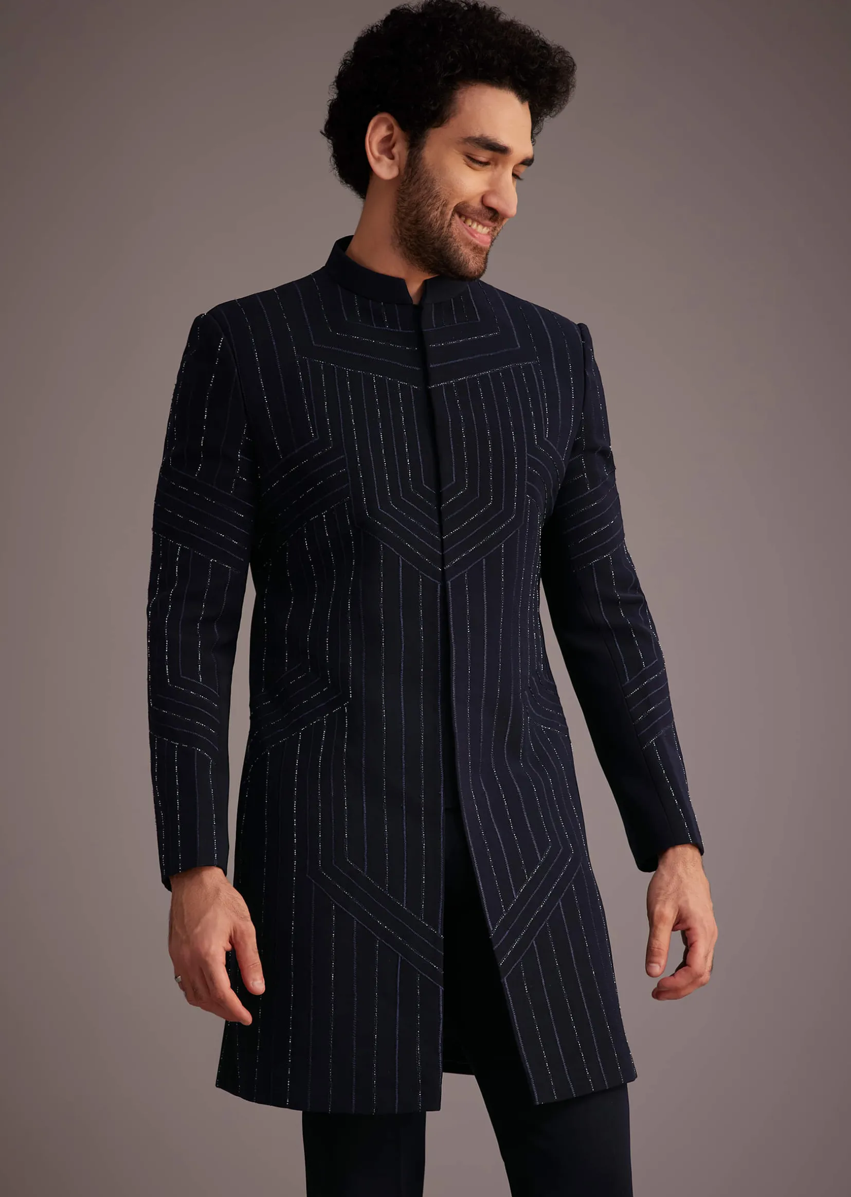Navy Blue Embroidered Bandhgala Suit