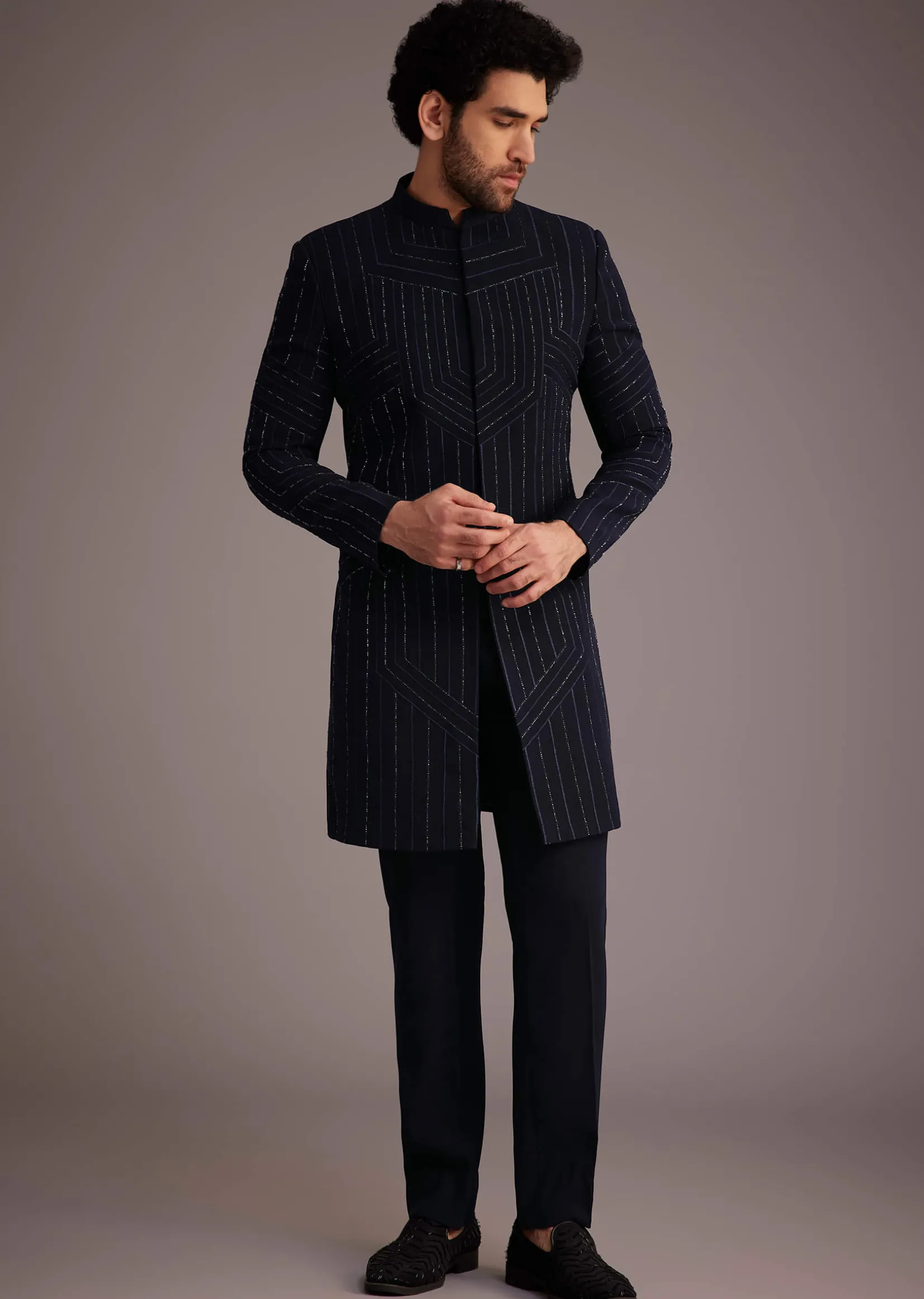 Navy Blue Embroidered Bandhgala Suit
