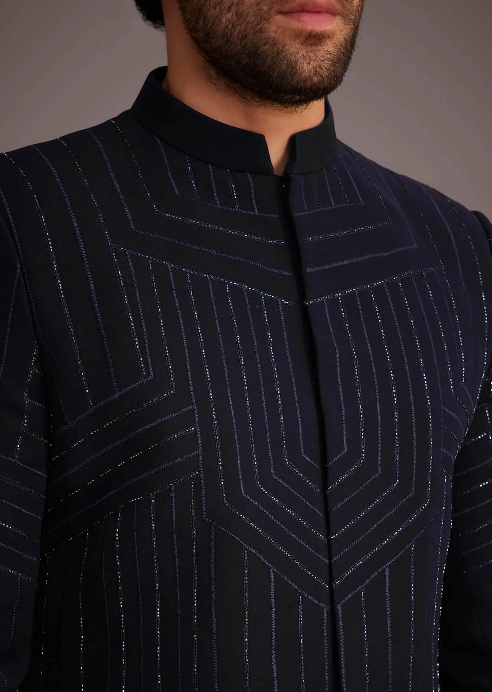 Navy Blue Embroidered Bandhgala Suit