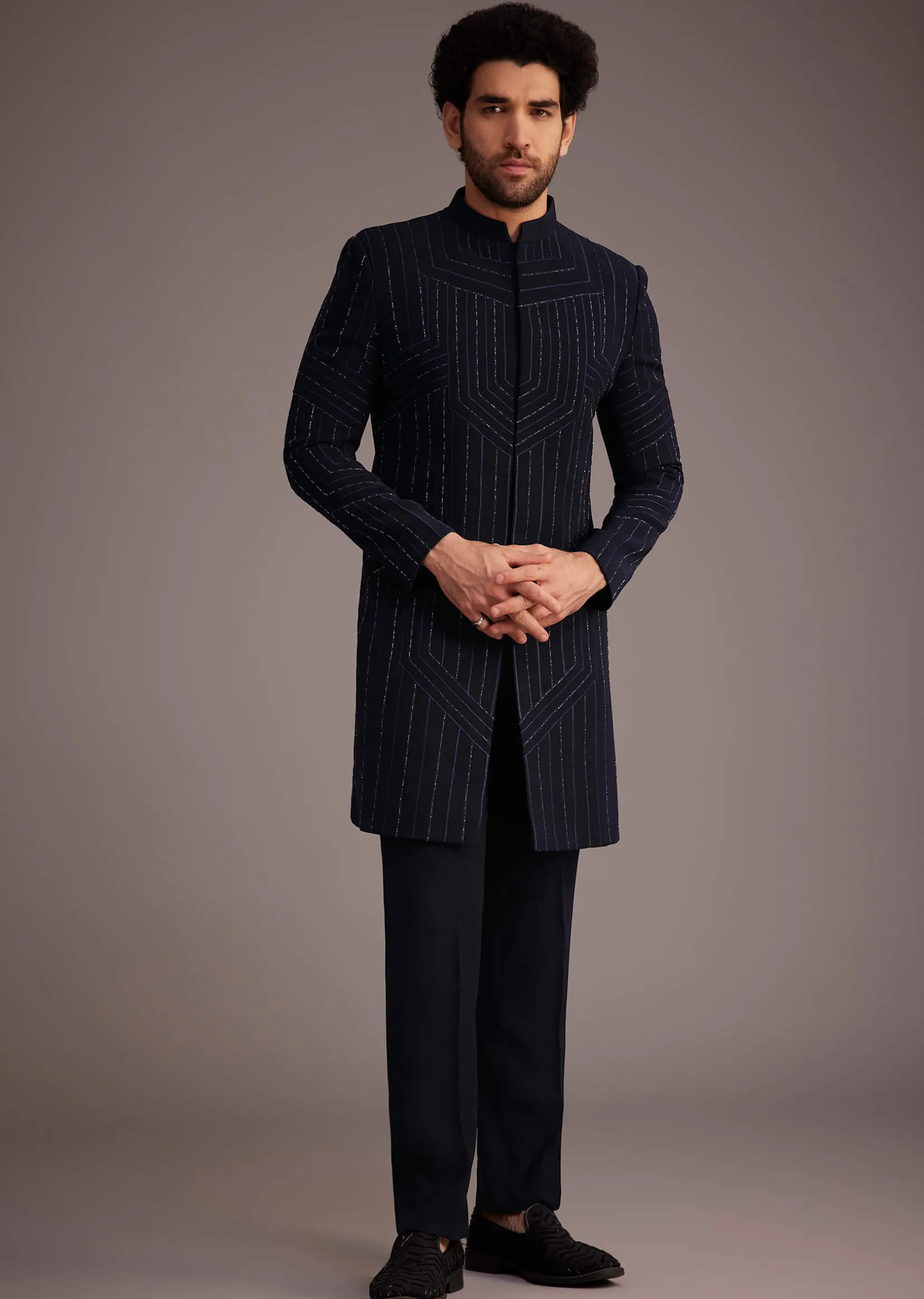 Navy Blue Embroidered Bandhgala Suit