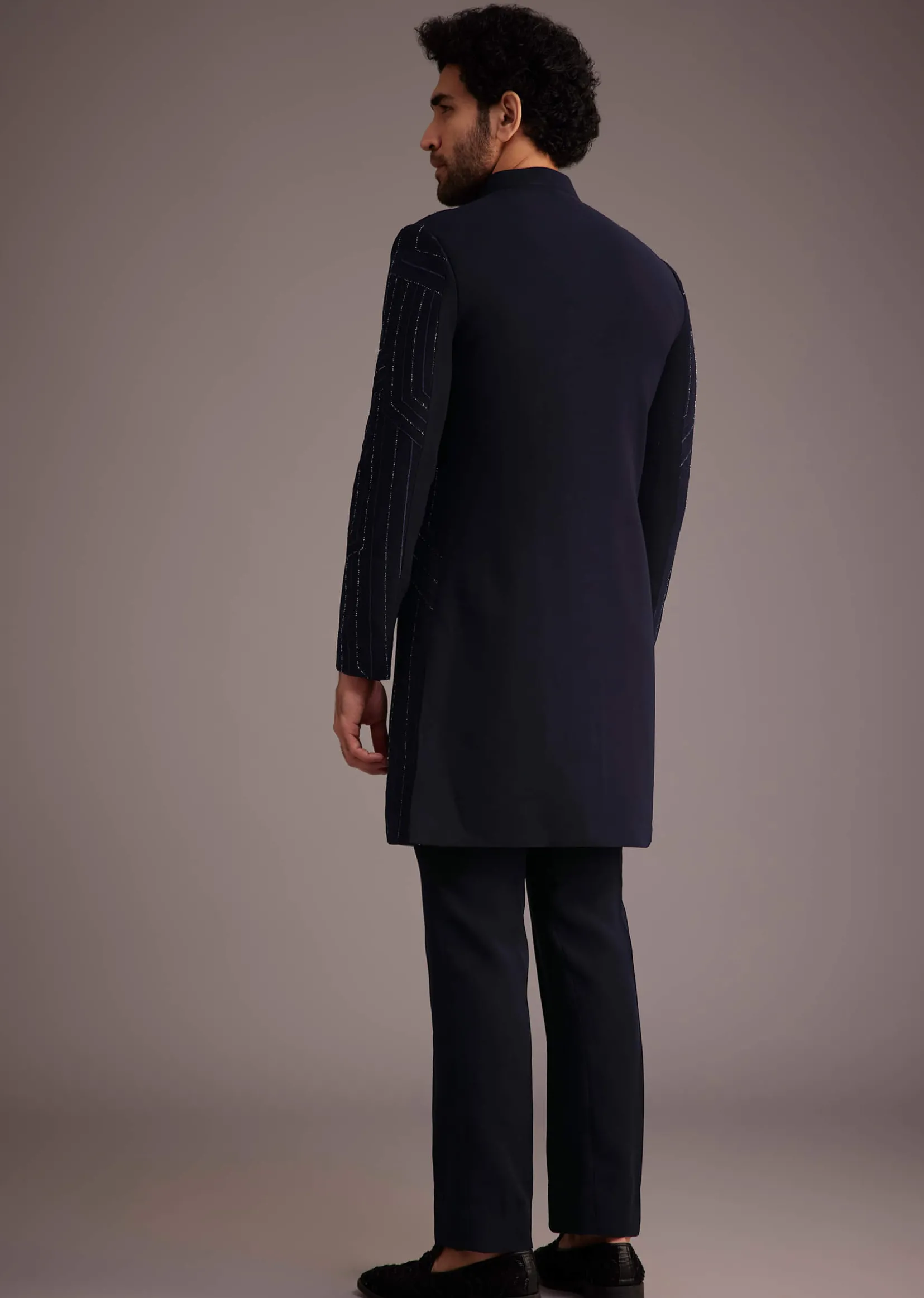 Navy Blue Embroidered Bandhgala Suit