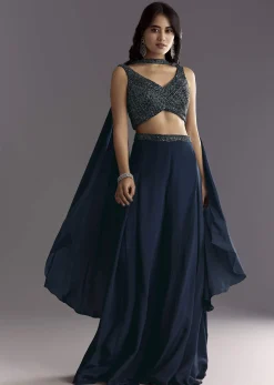 Navy Blue Embroidered Croptop Palazzo With Choker Dupatta