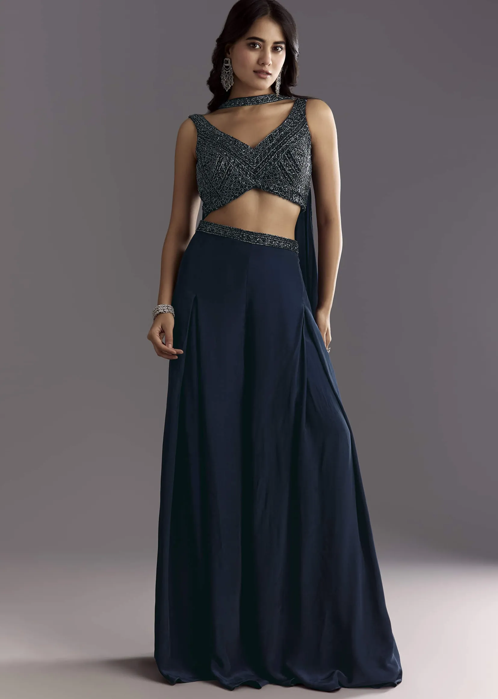 Navy Blue Embroidered Croptop Palazzo With Choker Dupatta