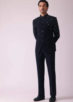 Navy Blue Embroidered Indowestern In Suiting Fabric