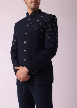 Navy Blue Embroidered Indowestern In Suiting Fabric