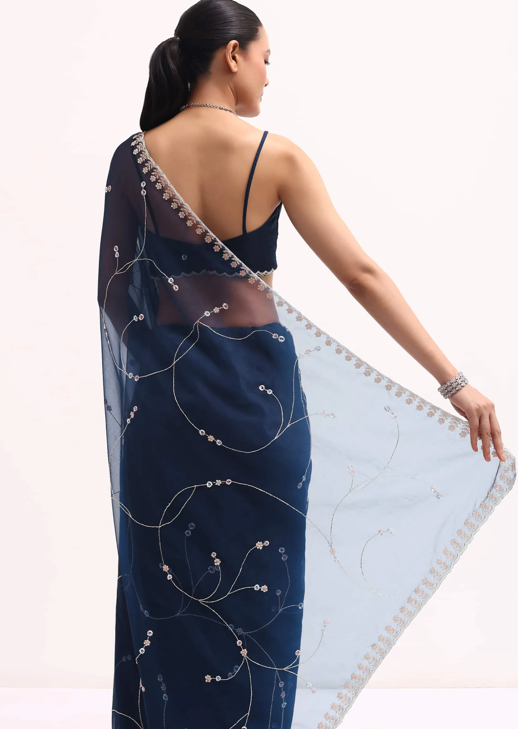 Navy Blue Embroidered Organza Saree With Unstitched Blouse