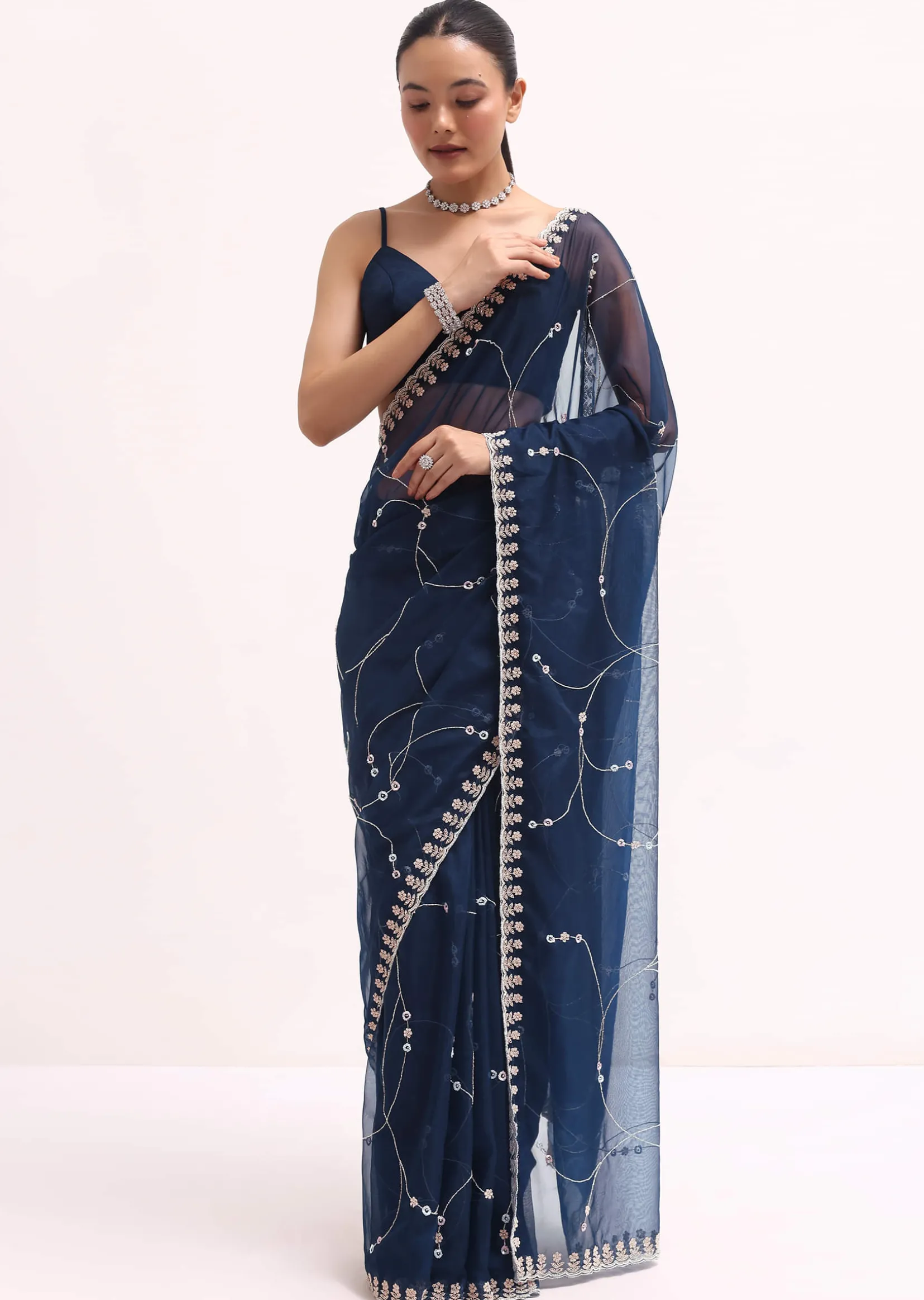 Navy Blue Embroidered Organza Saree With Unstitched Blouse